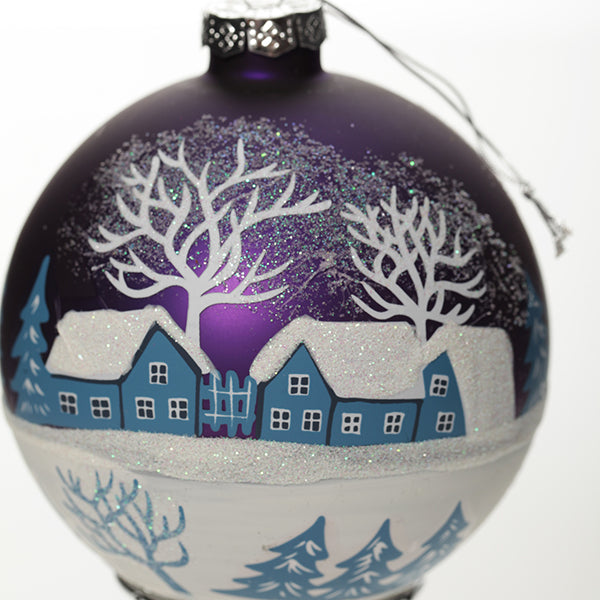 Blue Winter Church Christmas Bauble Glitter Detail
