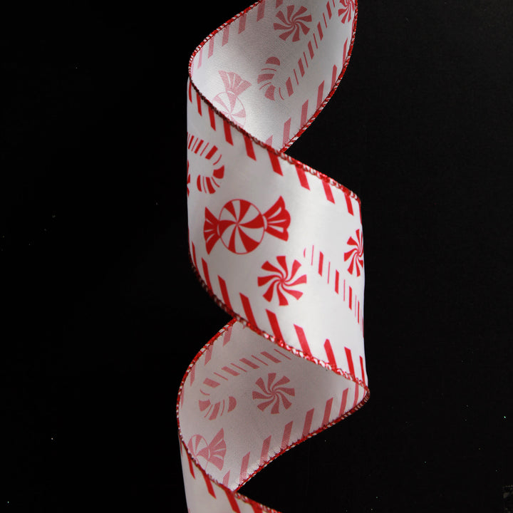 Red and White Peppermint Candy Printed Wired Christmas Ribbon
