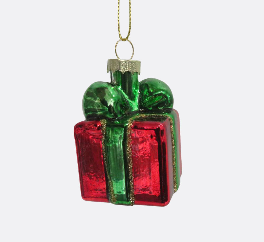Red and Green Christmas Present - Glass Hanging Decoration