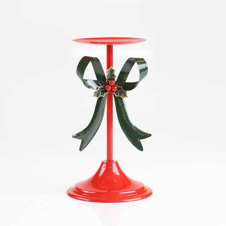 Red and Green Metal Bow Candle Holder - 25cm