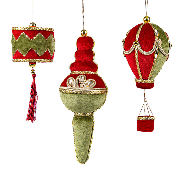 Red and Green Velvet Ornaments - Set of 3