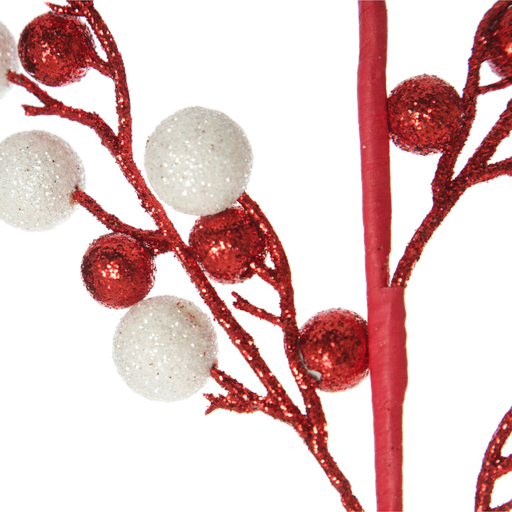 Red and White Glitter Ball Christmas Pick