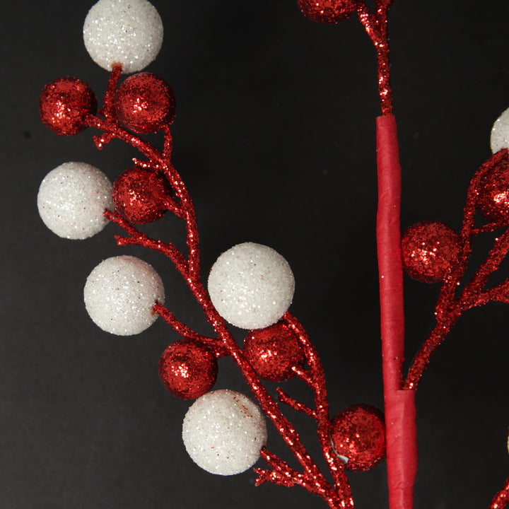 Red and White Glitter Ball Christmas Pick