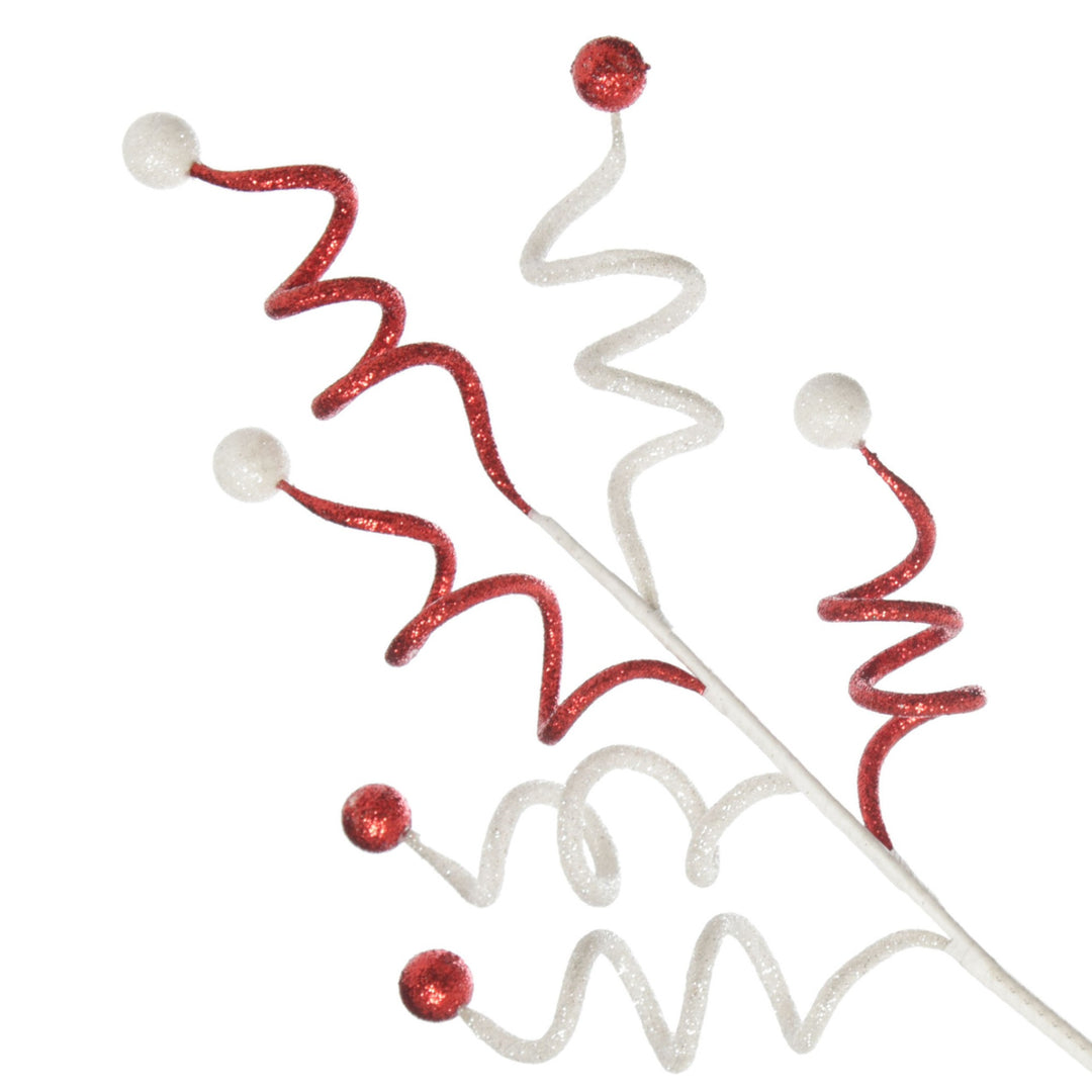 Red and White Glitter Curly Christmas Pick