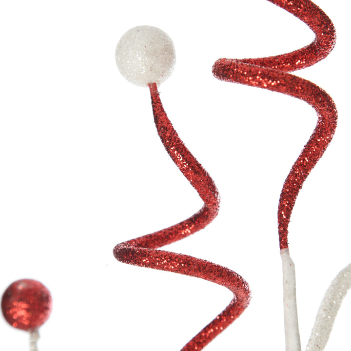 Red and White Glitter Curly Christmas Pick