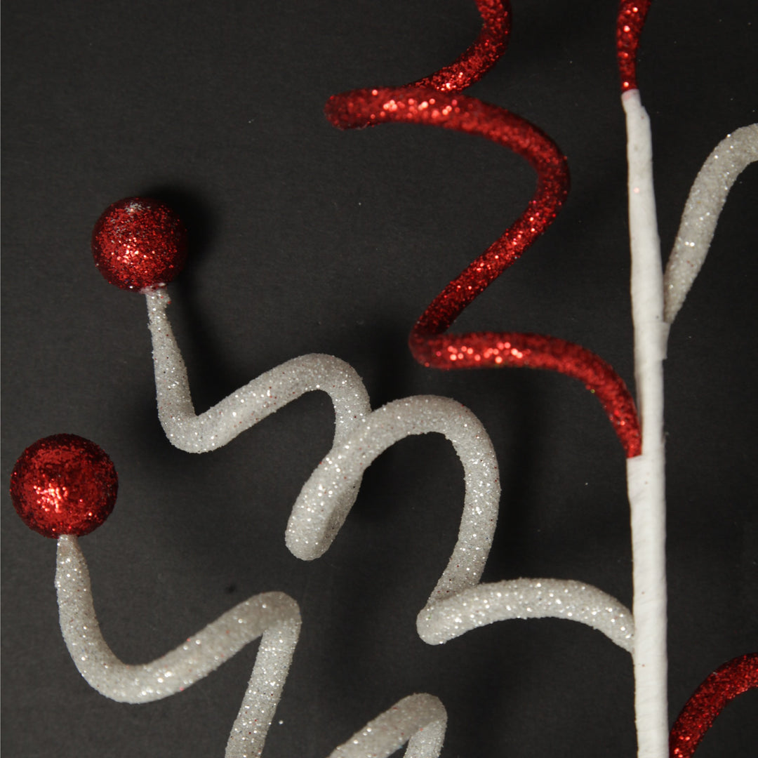 Red and White Glitter Curly Christmas Pick