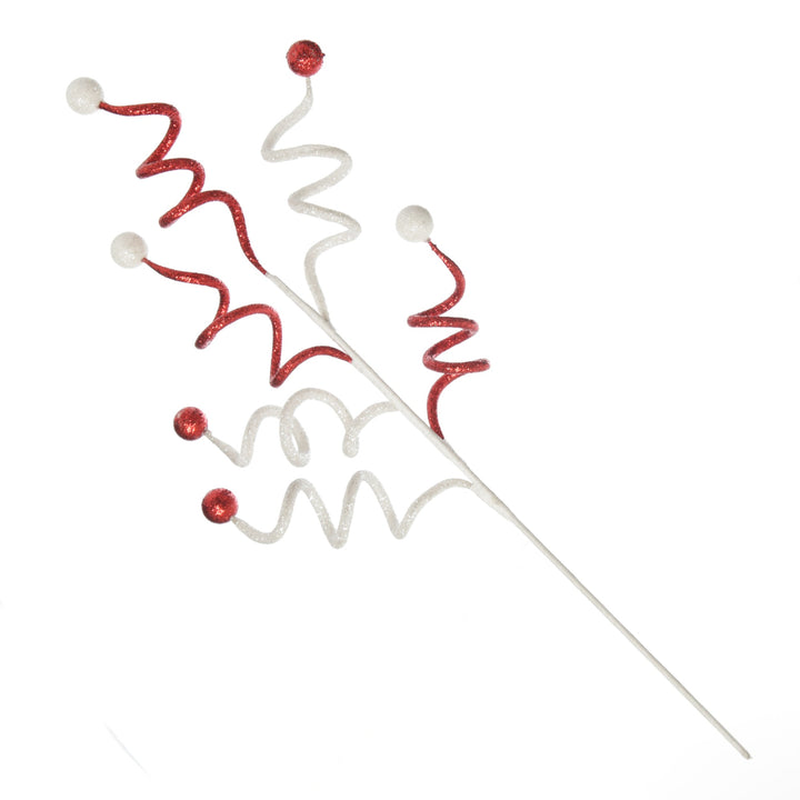 Red and White Glitter Curly Christmas Pick