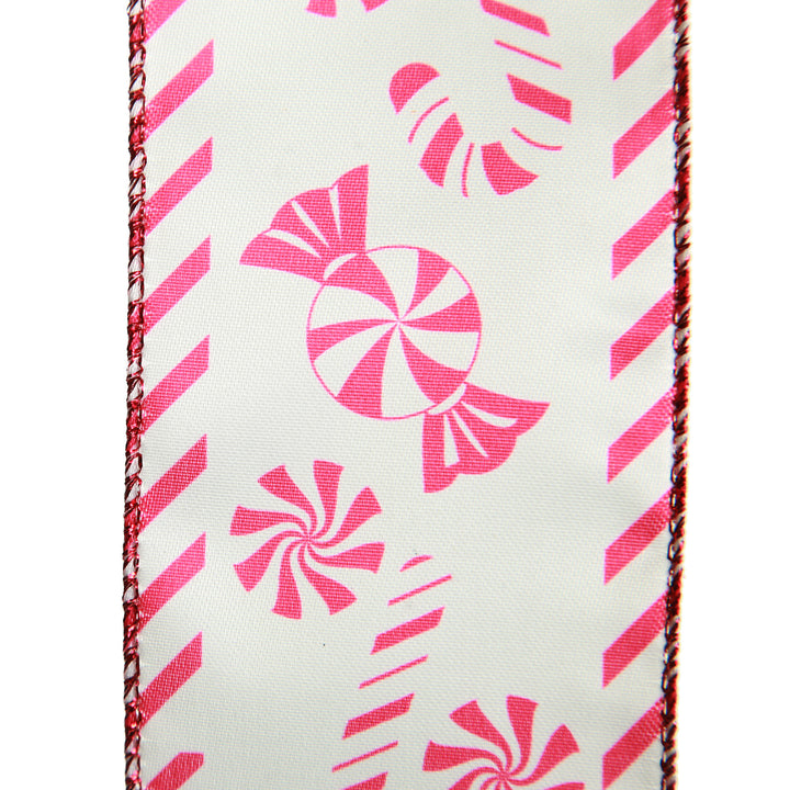 Red and White Peppermint Candy Printed Wired Christmas Ribbon