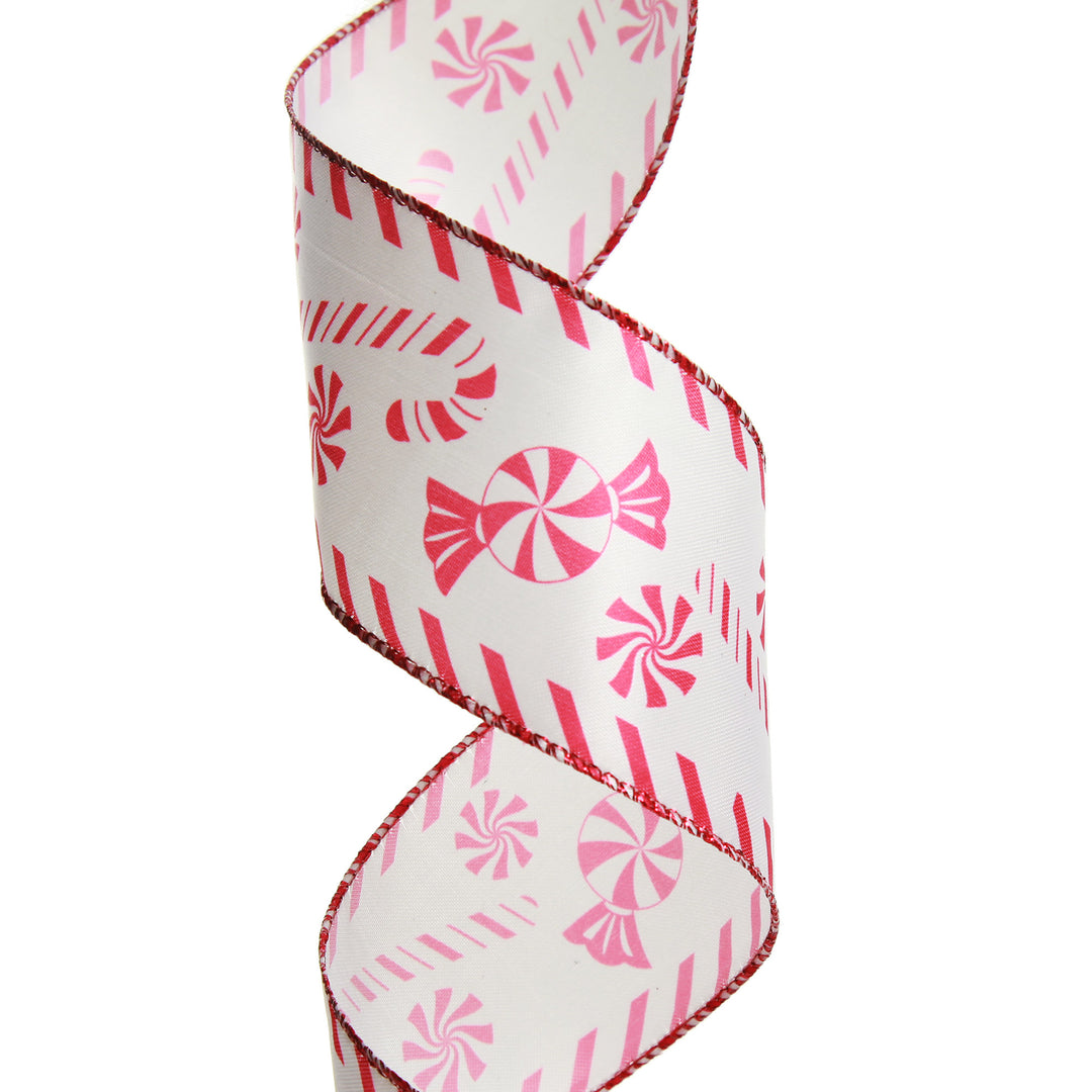 Red and White Peppermint Candy Printed Wired Christmas Ribbon