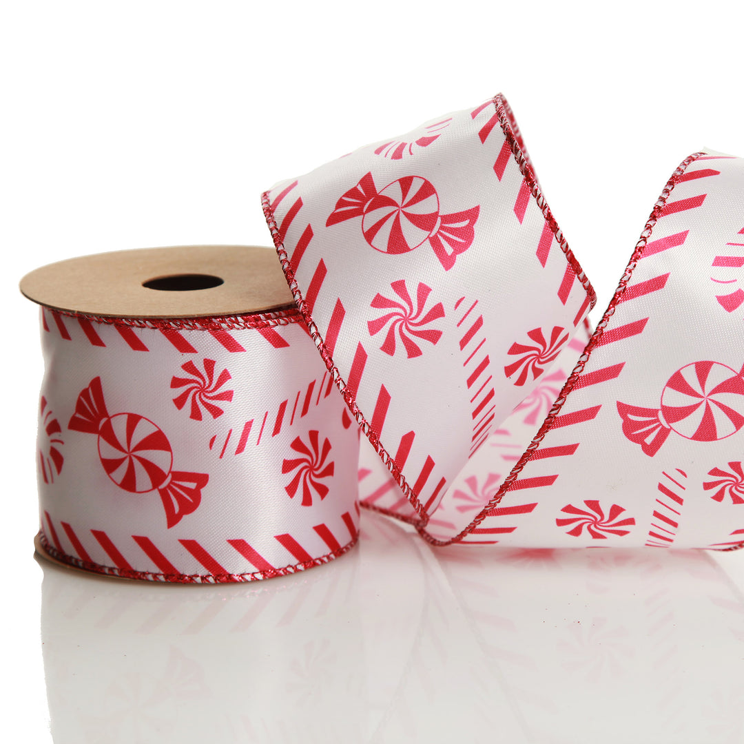 Red and White Peppermint Candy Printed Wired Christmas Ribbon
