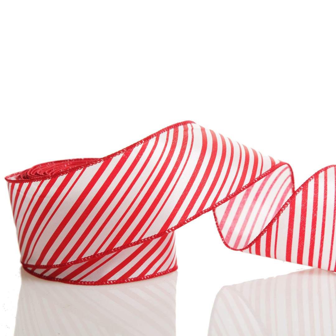 Red and White Peppermint Striped Wired Ribbon