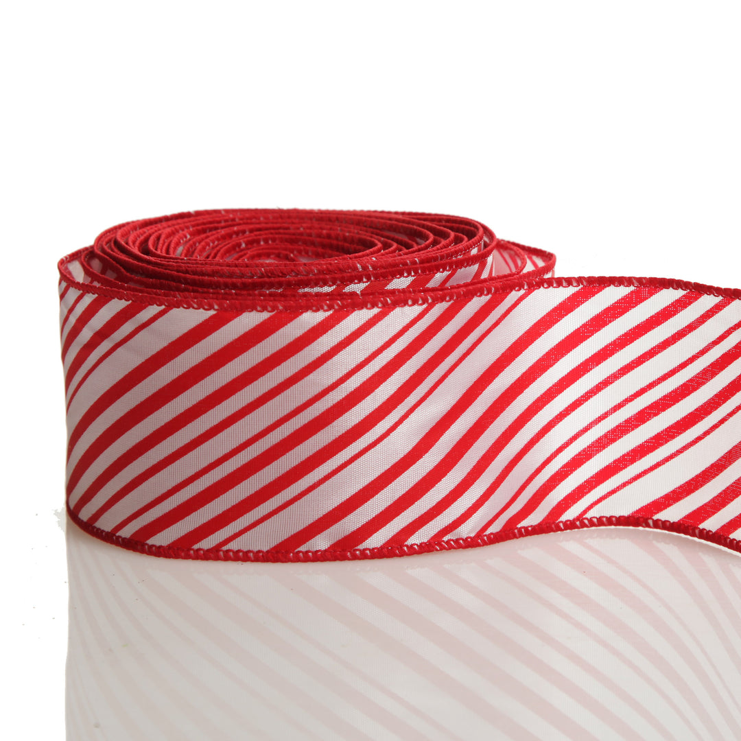 Red and White Peppermint Striped Wired Ribbon