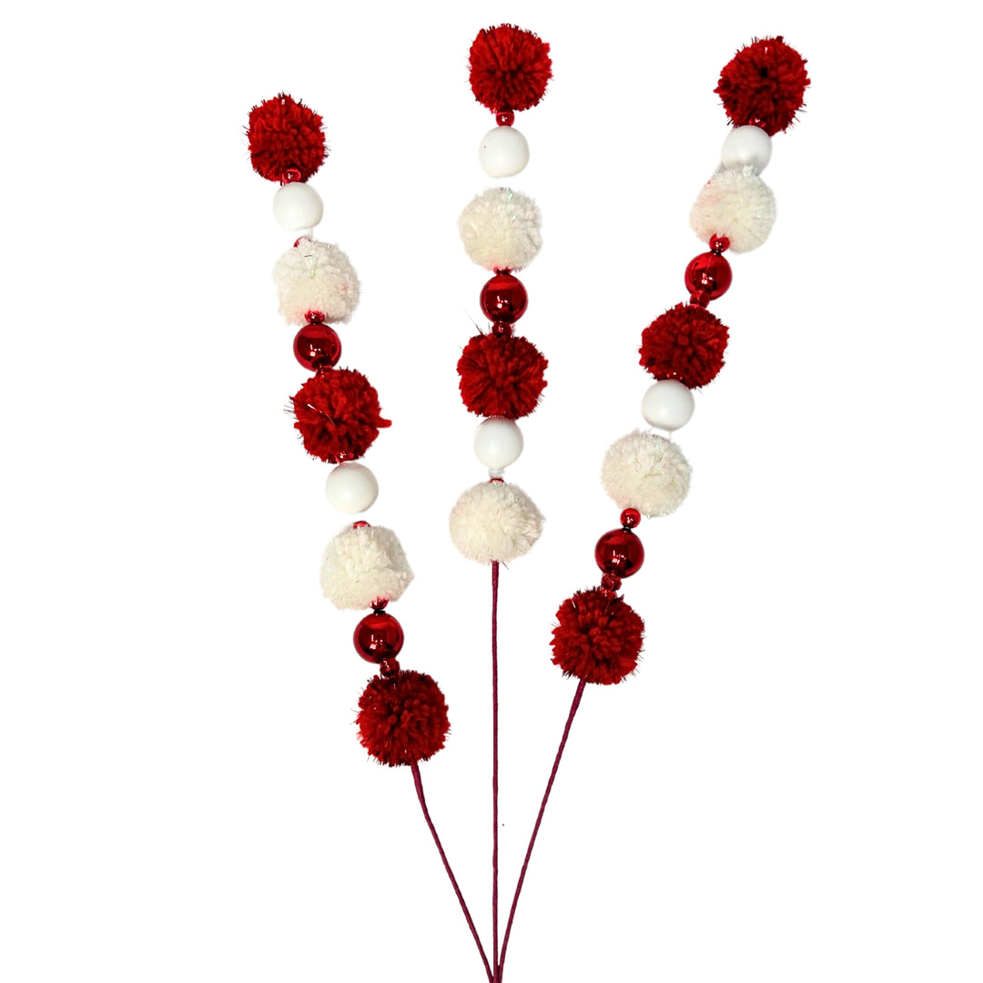 Red and White Pom Pom Christmas Pick