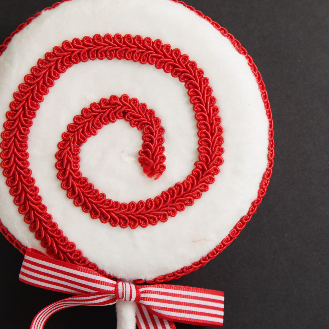 Red and White Velvet Lollipop Pick with Braided Trim