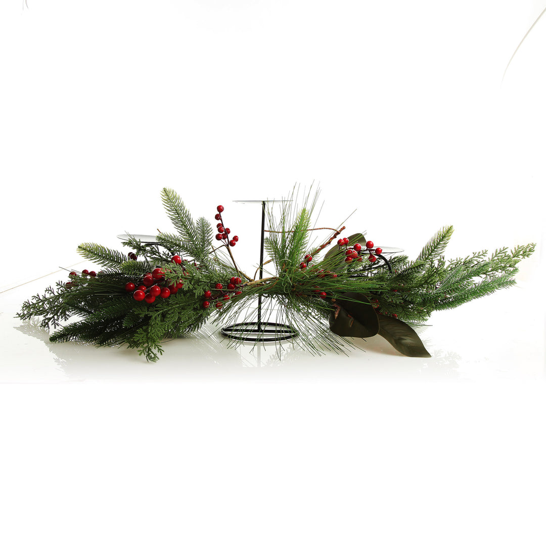  Red Berry Mixed Leaf Christmas Table Centrepiece Candle Holder