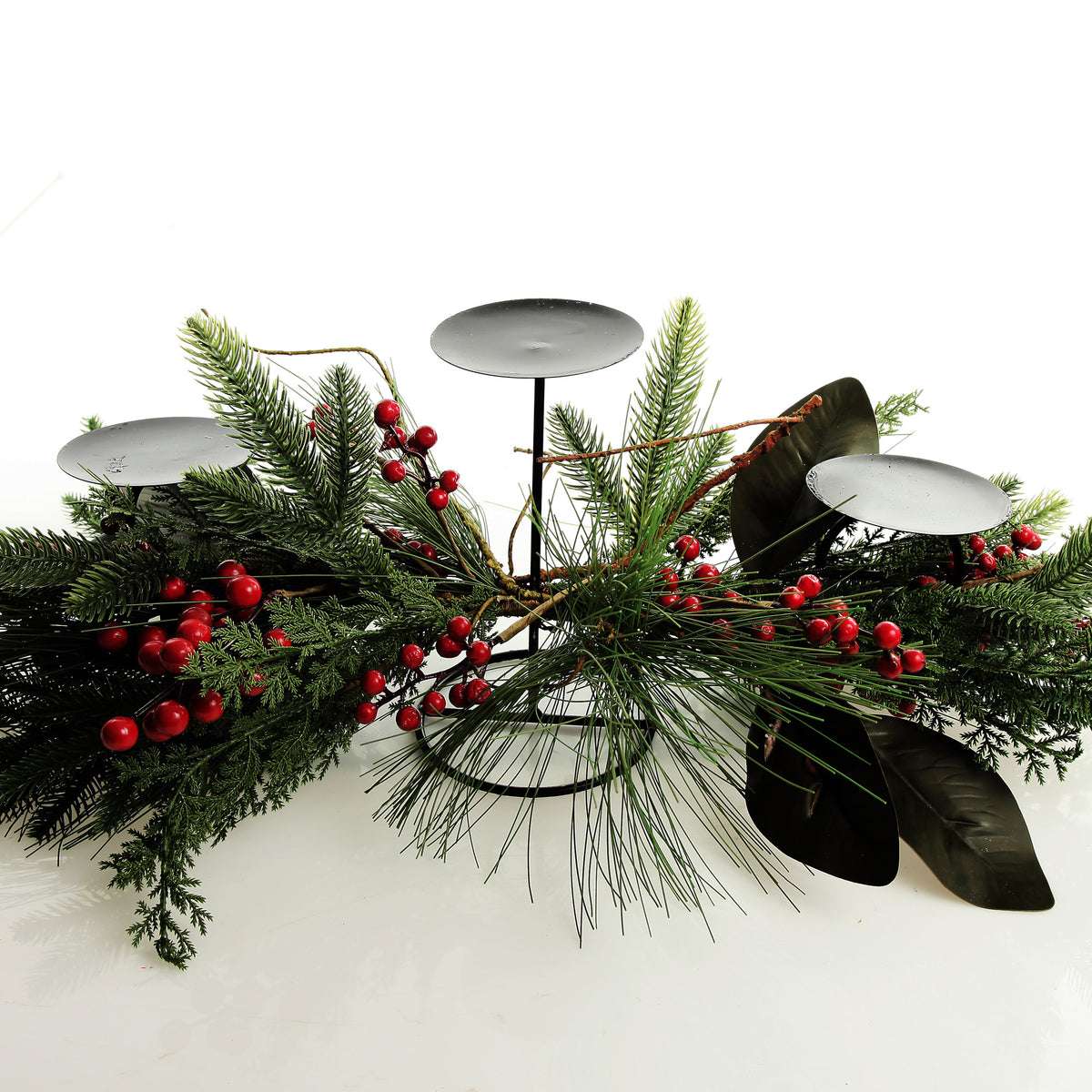  Red Berry Mixed Leaf Christmas Table Centrepiece Candle Holder