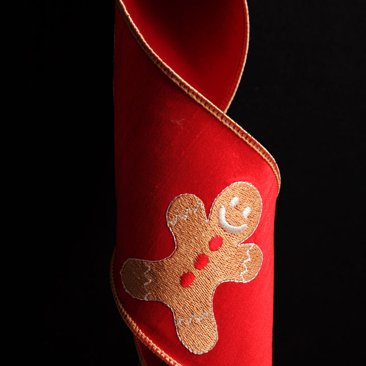 Red Christmas Ribbon Garland with Embroidered Gingerbread
