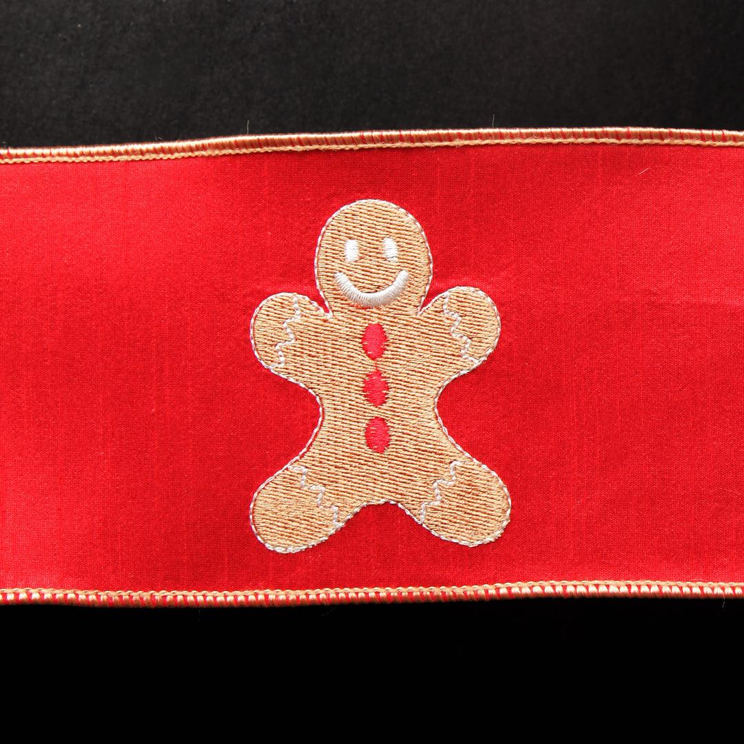 Red Christmas Ribbon Garland with Embroidered Gingerbread