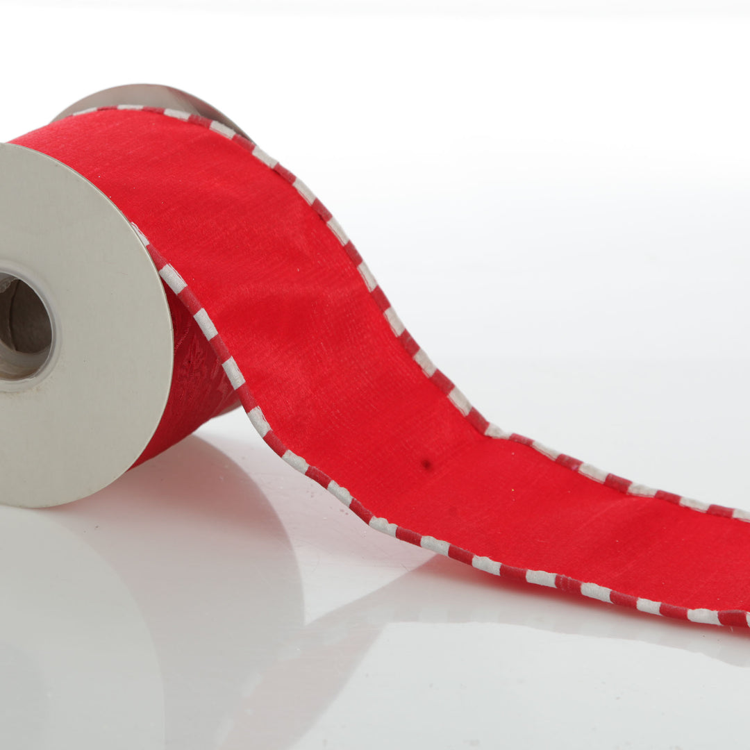 Red Christmas Ribbon Garland with Piped Striped Edge