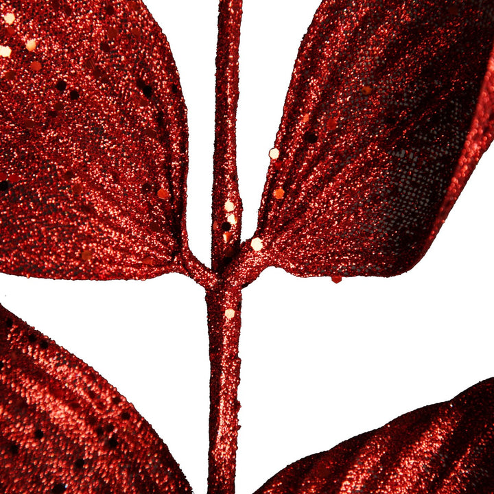 Red Curved Leaf Glitter Spray Close up