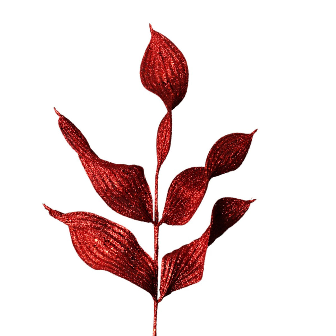 Red Curved Leaf Glitter Spray Close up