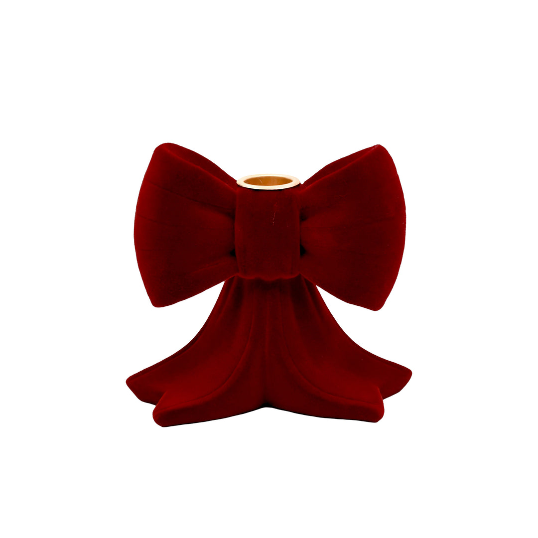 Red Flocked Bow Candle Holder - 12.7cm(H)