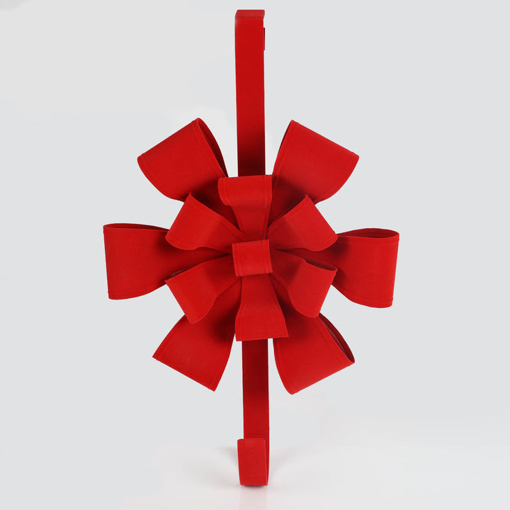 Red Flocked Bow Metal Wreath Hanger