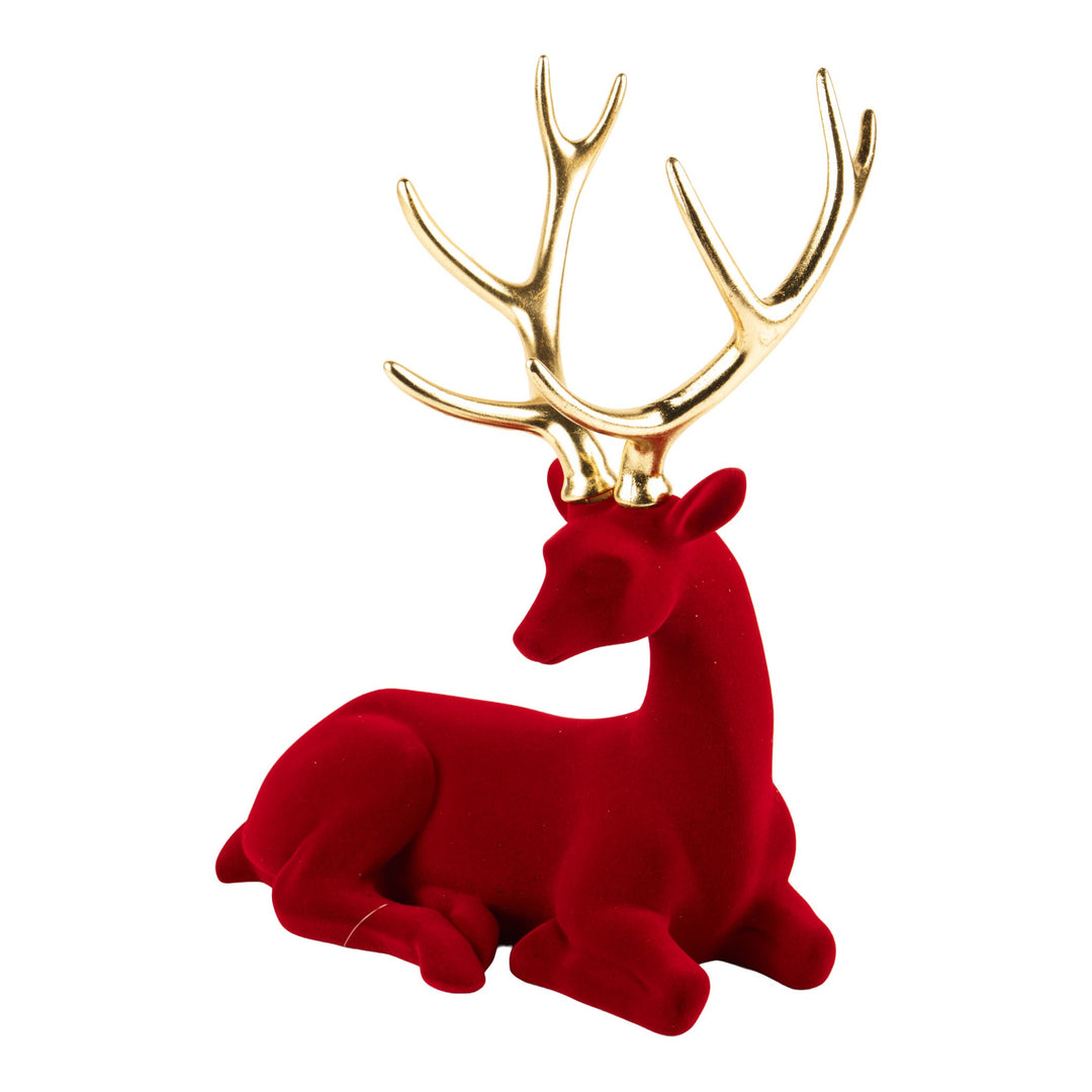 Red Flocked Siting Deer - 34cm