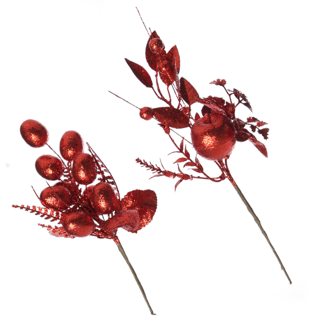 Red Glitter Fruit and Nut Christmas Picks - Set of 2