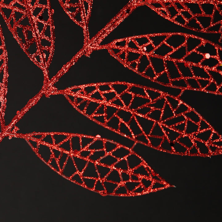 Red Glitter Mesh Leaf Spray