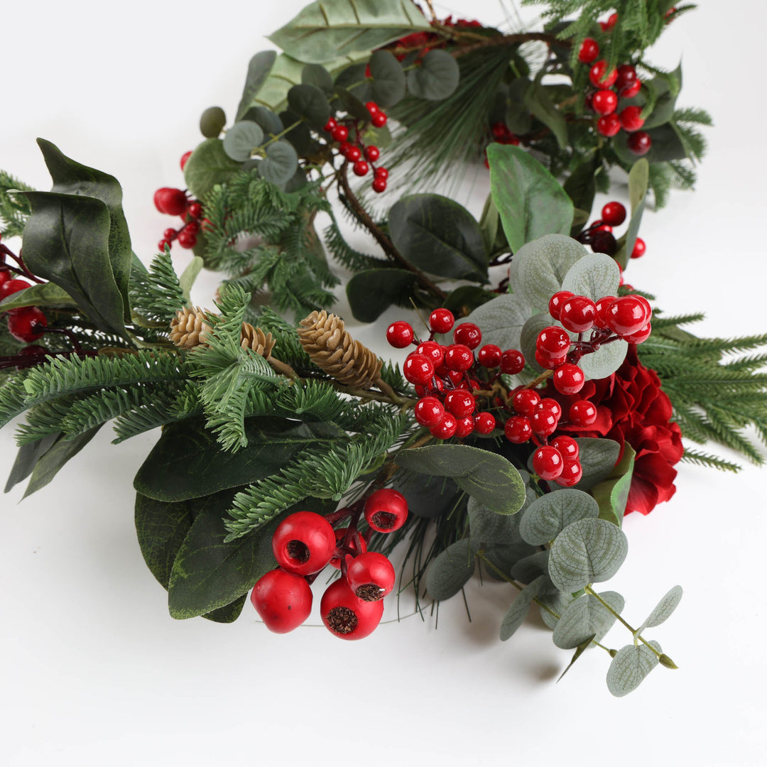 Red Hydrangea and Berry Christmas Garland - 150cm