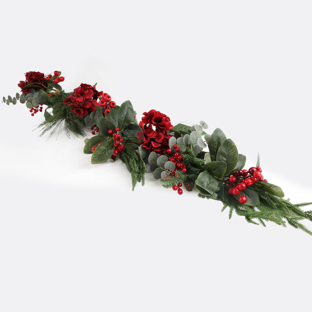 Red Hydrangea and Berry Christmas Garland - 150cm