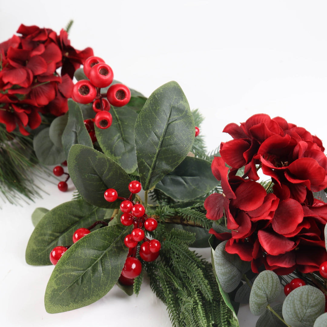 Red Hydrangea and Berry Christmas Garland - 150cm