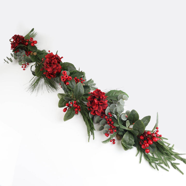 Red Hydrangea and Berry Christmas Garland - 150cm