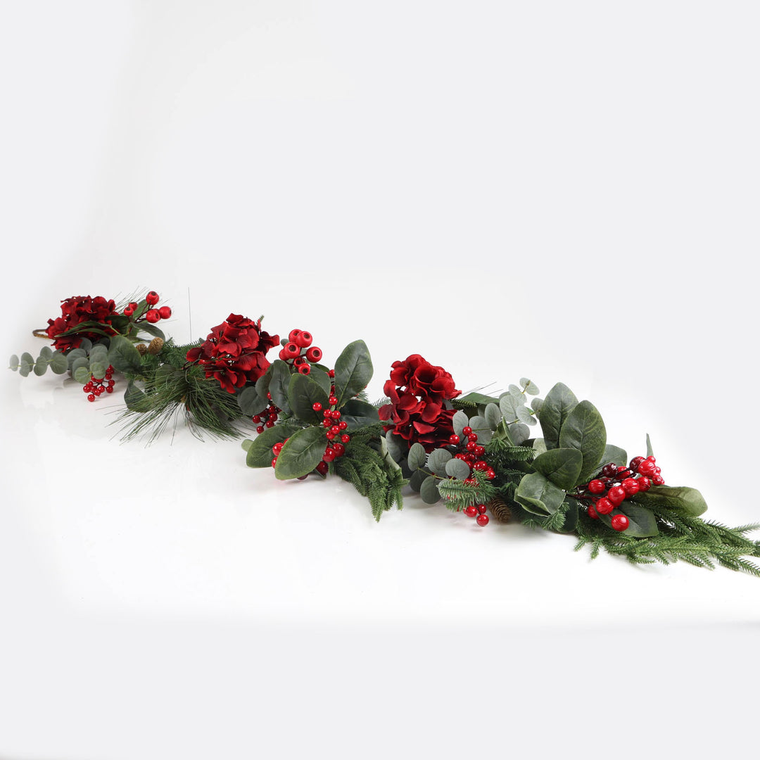 Red Hydrangea and Berry Christmas Garland - 150cm