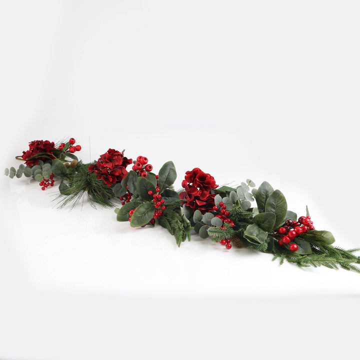 Red Hydrangea and Berry Christmas Garland - 150cm