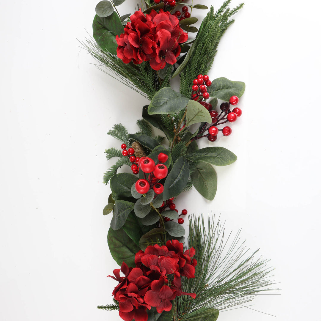 Red Hydrangea and Berry Christmas Garland - 150cm