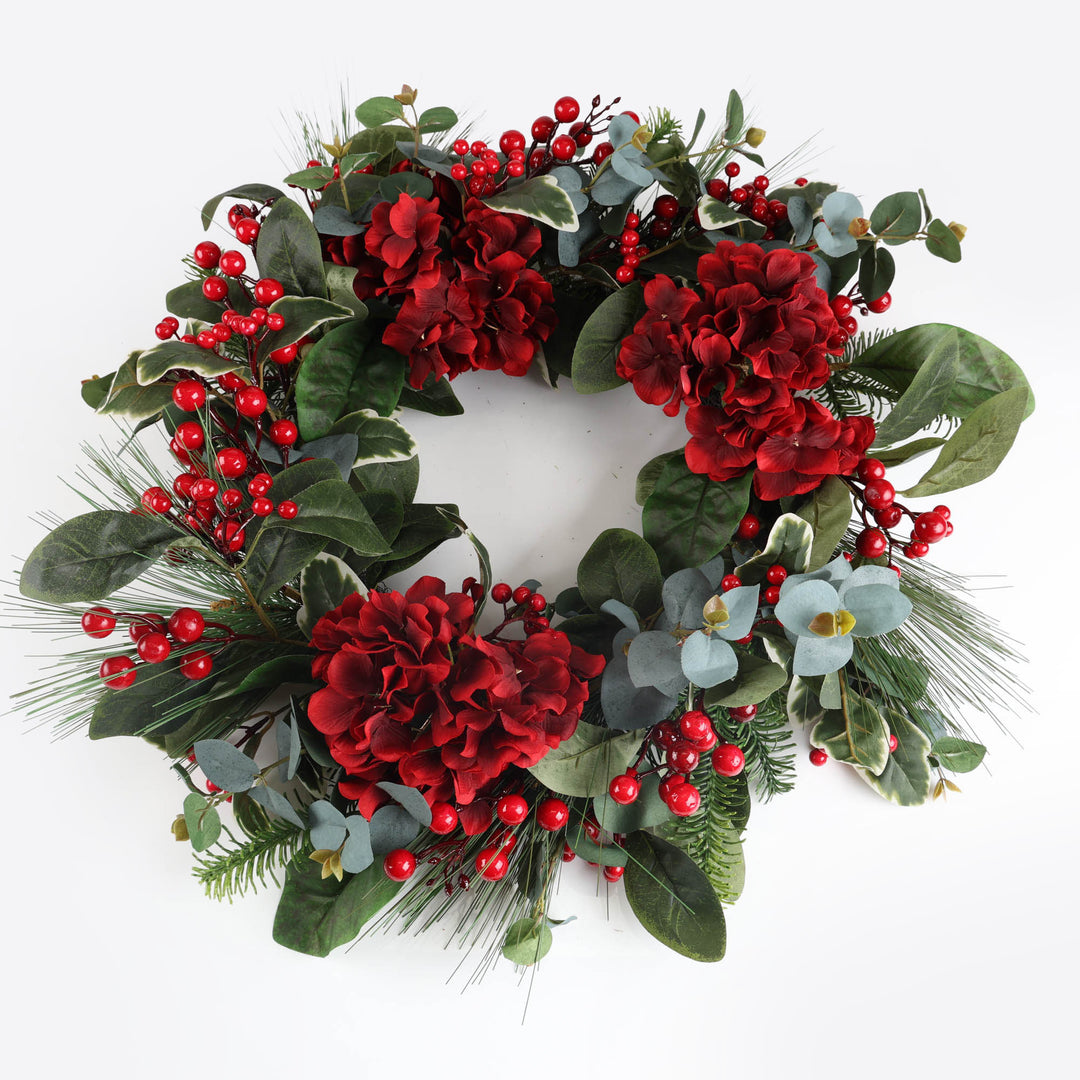Red Hydrangea and Berry Christmas Wreath - 60cm