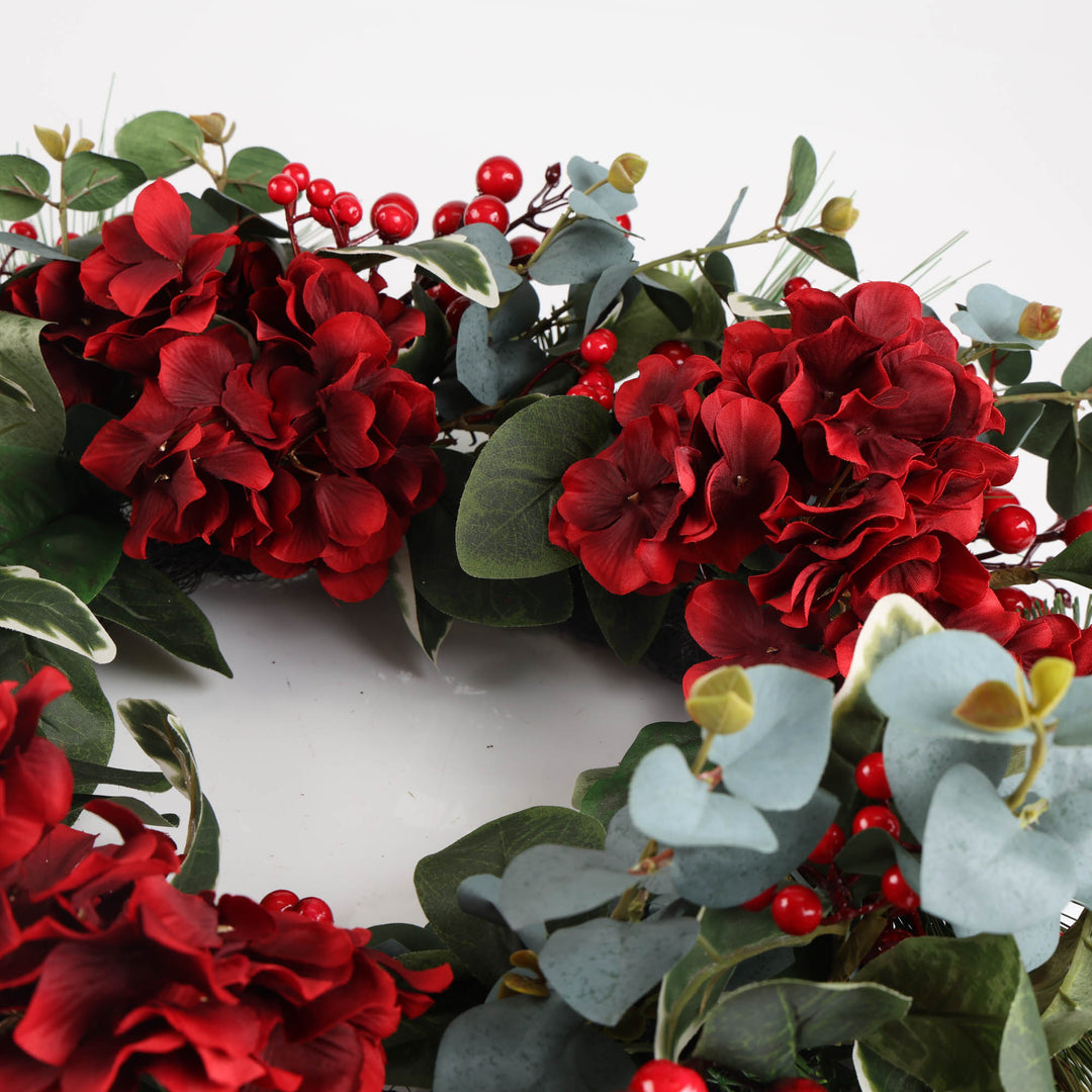 Red Hydrangea and Berry Christmas Wreath - 60cm