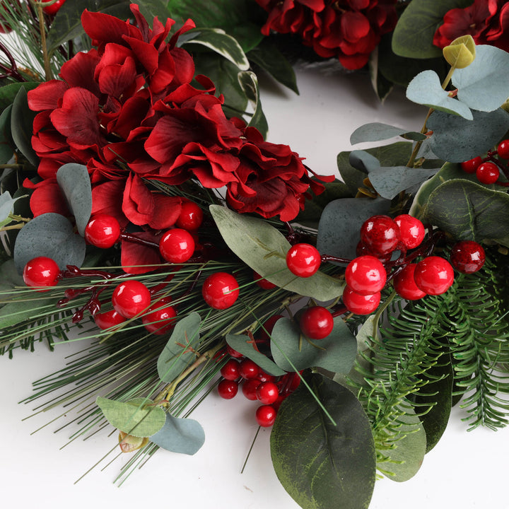 Red Hydrangea and Berry Christmas Wreath - 60cm