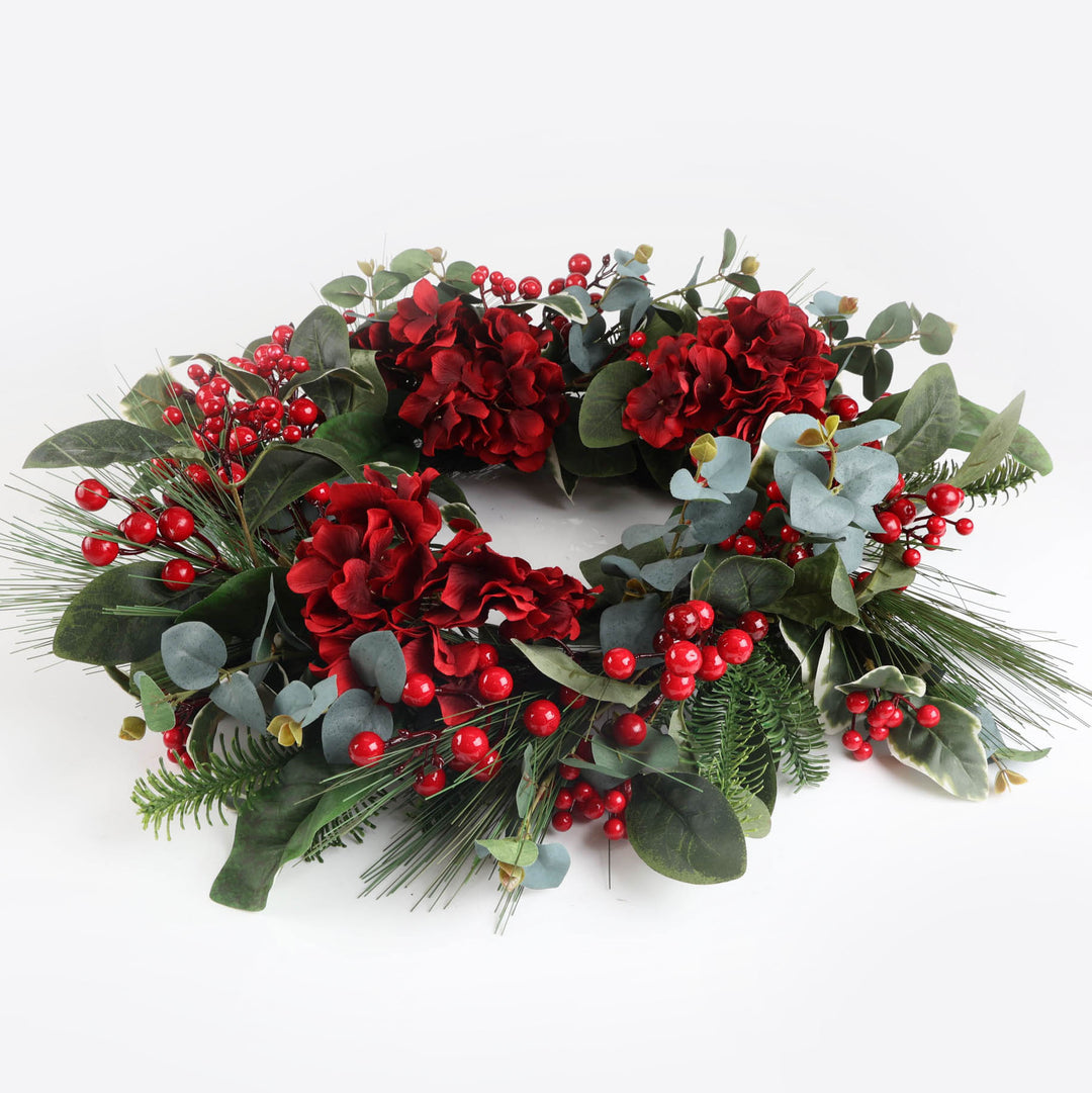 Red Hydrangea and Berry Christmas Wreath - 60cm