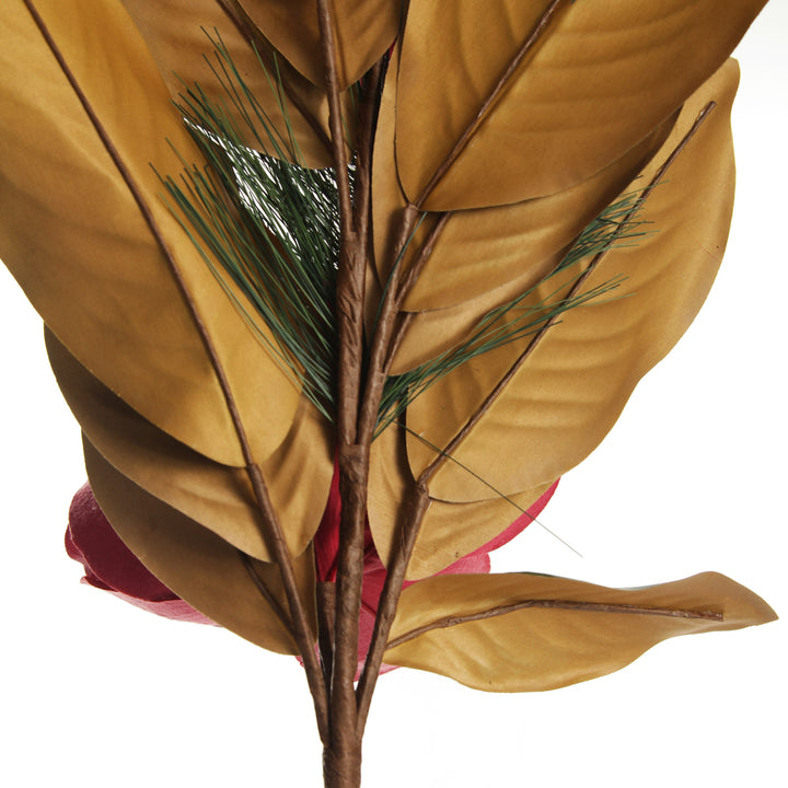 Red Magnolia Flower Green Leaf and Pine Christmas Spray