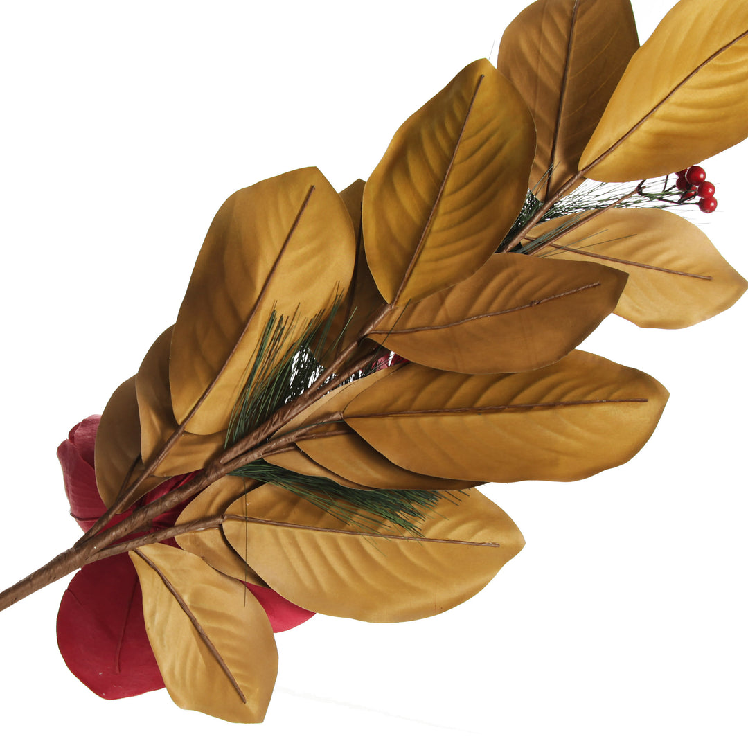 Red Magnolia Flower Green Leaf and Pine Christmas Spray