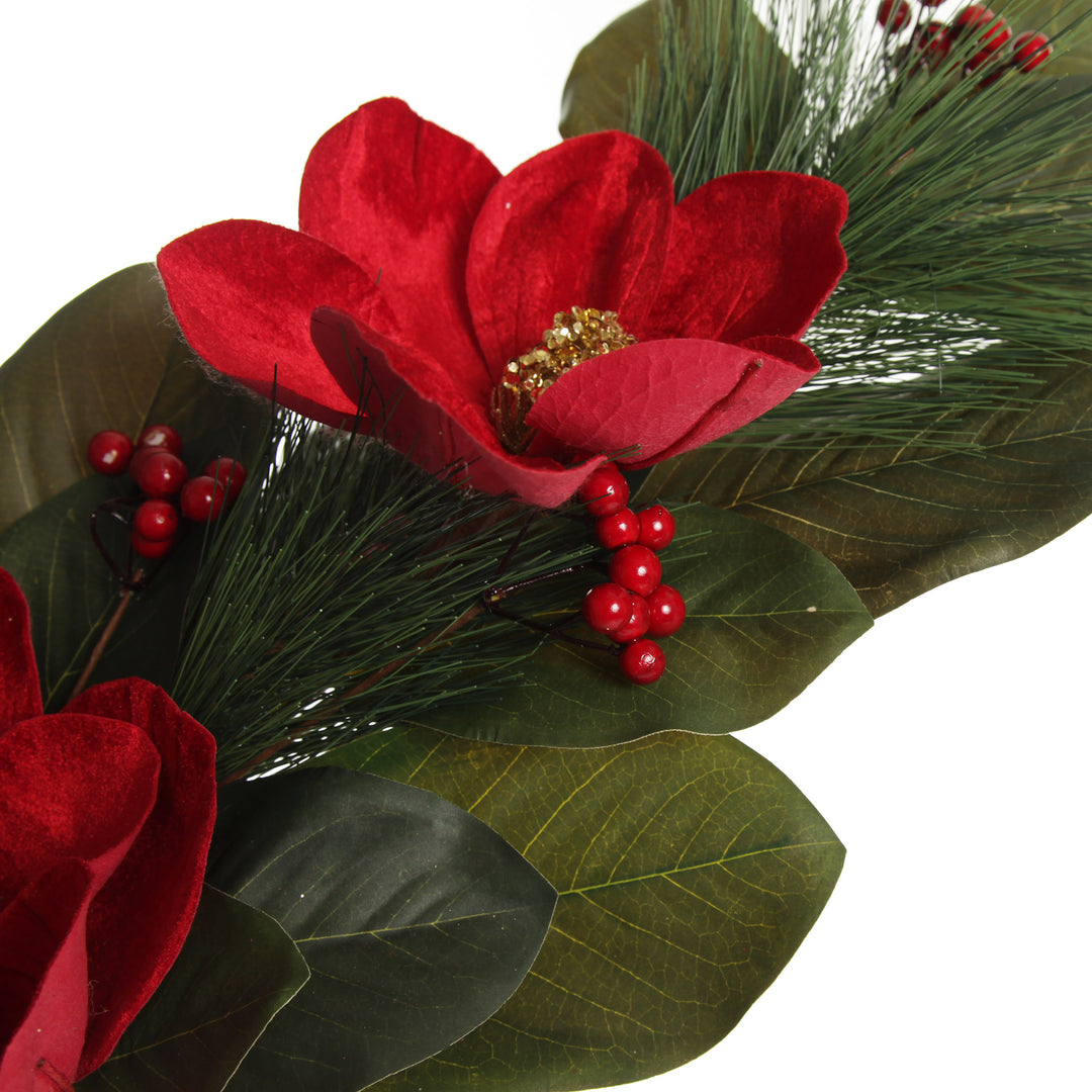 Red Magnolia Flower Green Leaf and Pine Christmas Spray