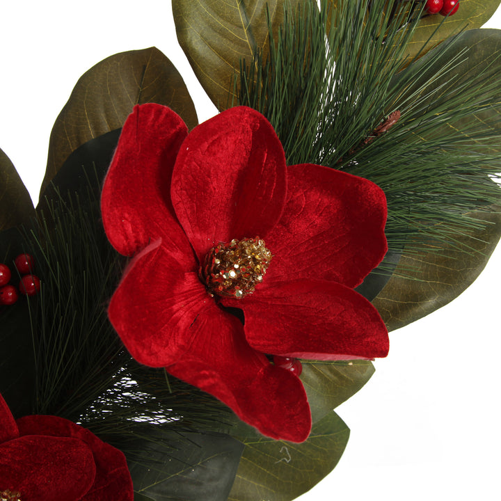 Red Magnolia Flower Green Leaf and Pine Christmas Spray