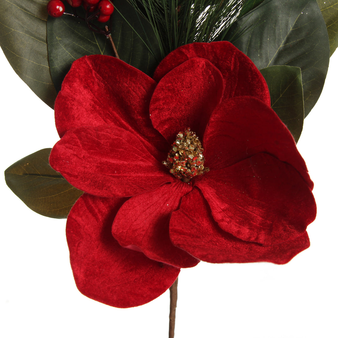 Red Magnolia Flower Green Leaf and Pine Christmas Spray