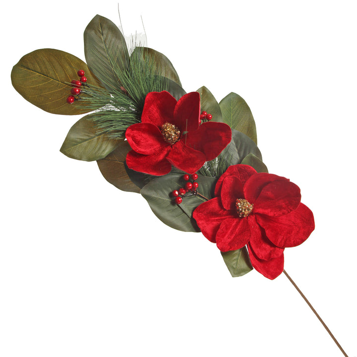 Red Magnolia Flower Green Leaf and Pine Christmas Spray