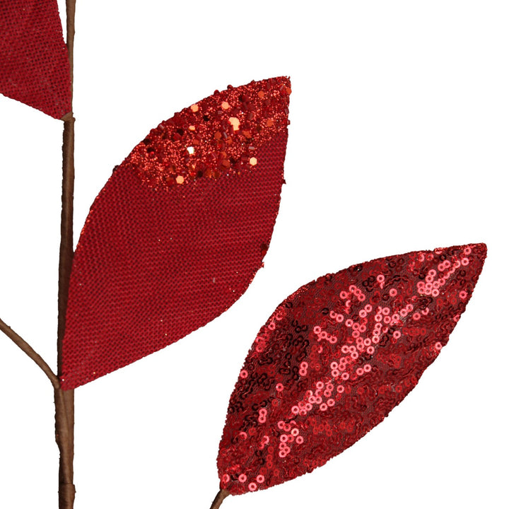 Red Mixed Leaf Burlap Sequin Spray - Glitter details