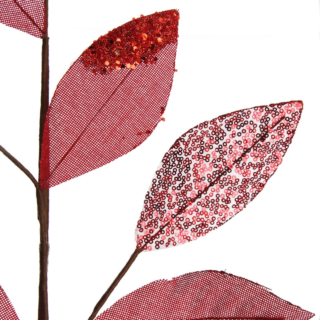 Red Mixed Leaf Burlap Sequin Spray - Close up