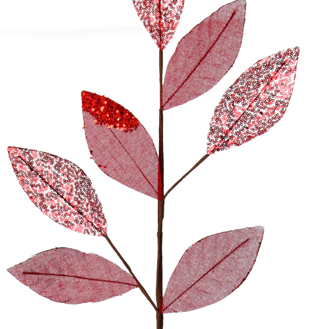 Red Mixed Leaf Burlap Sequin Spray - Leaves detail